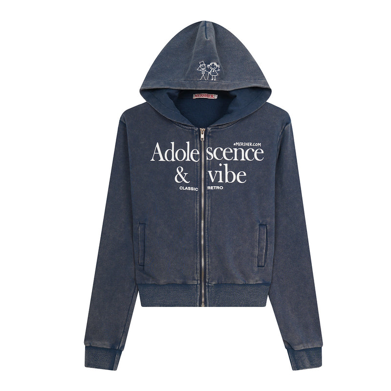 Adolescence & Vibe washed zip-up cropped hoodie in navy and raspberry red with serif graphic print and embroidered hood