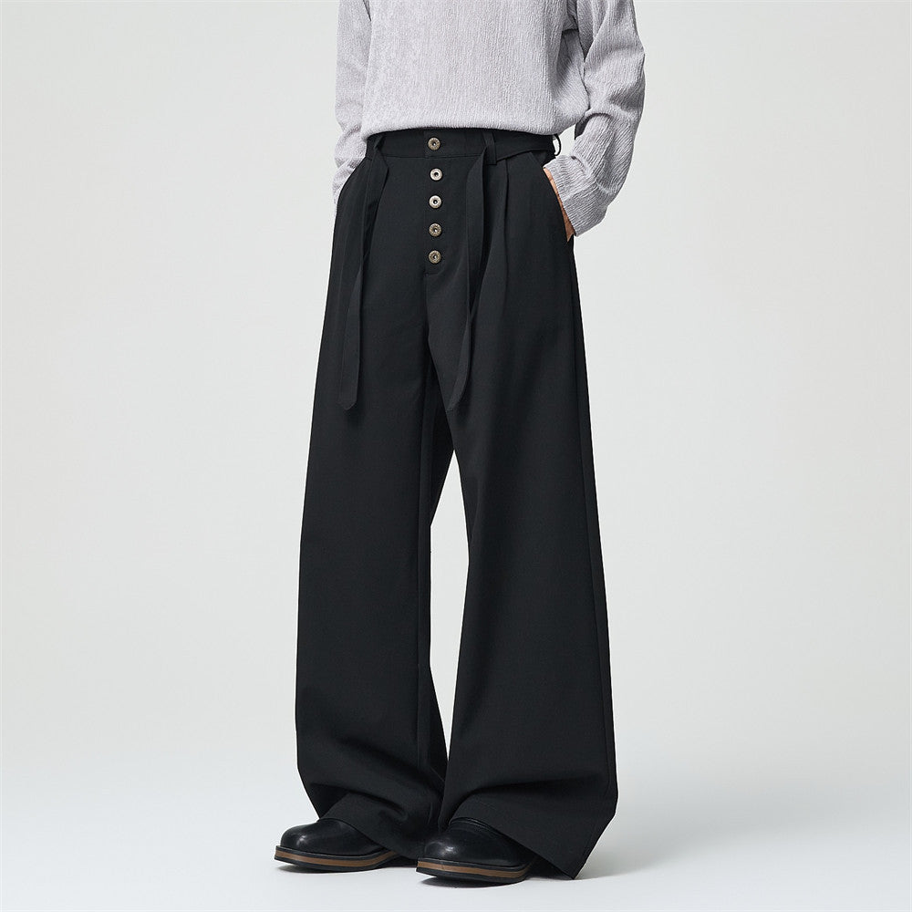 Men's Wide-Leg Dress Pants – Black Button-Fly Pleated Trousers with Belt