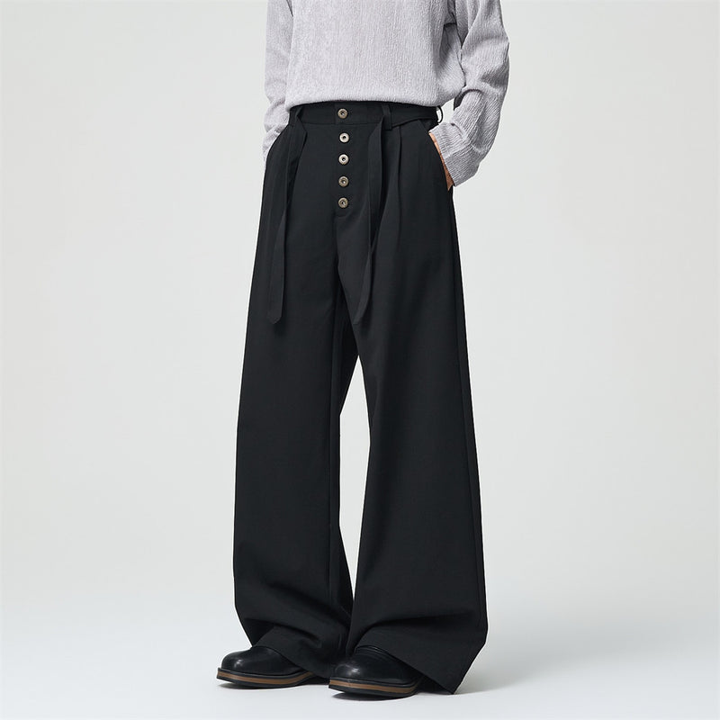 Men's Wide-Leg Dress Pants – Black Button-Fly Pleated Trousers with Belt