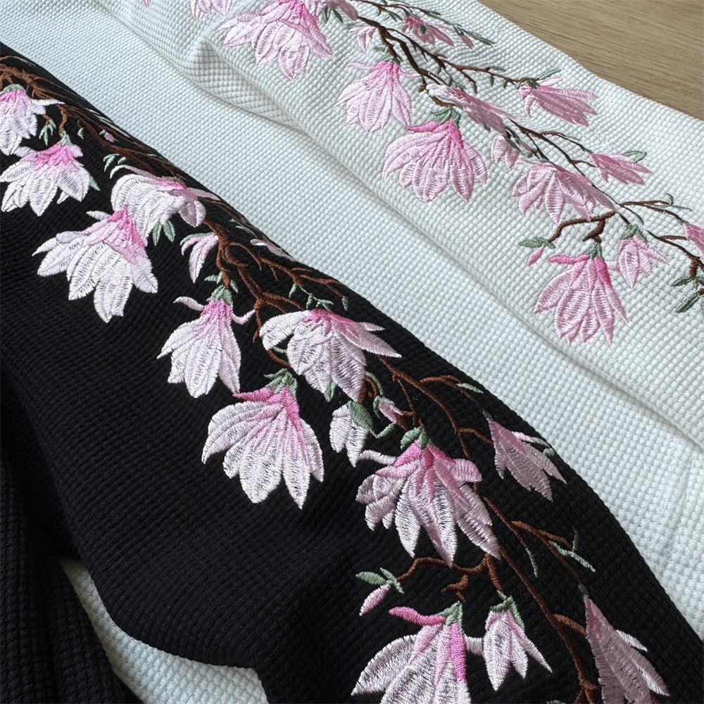 Mens Embroidered T Shirt – Floral Cherry Blossom Long Sleeve Crew Neck