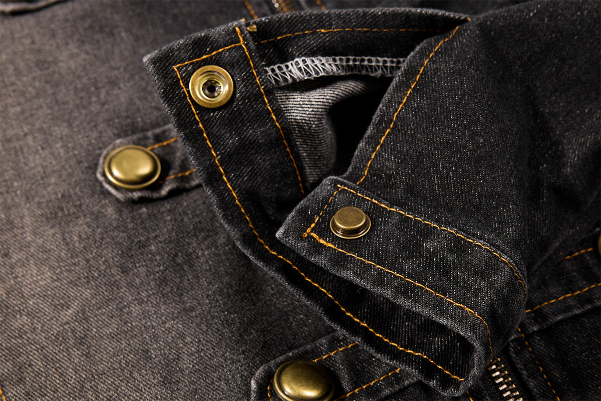 Military-Style Washed Denim Jacket – Stand Collar, Double-Breasted Button Detail