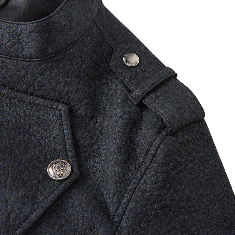 Men's Faux Leather Military Jacket – Double-Breasted Stand Collar Short Coat