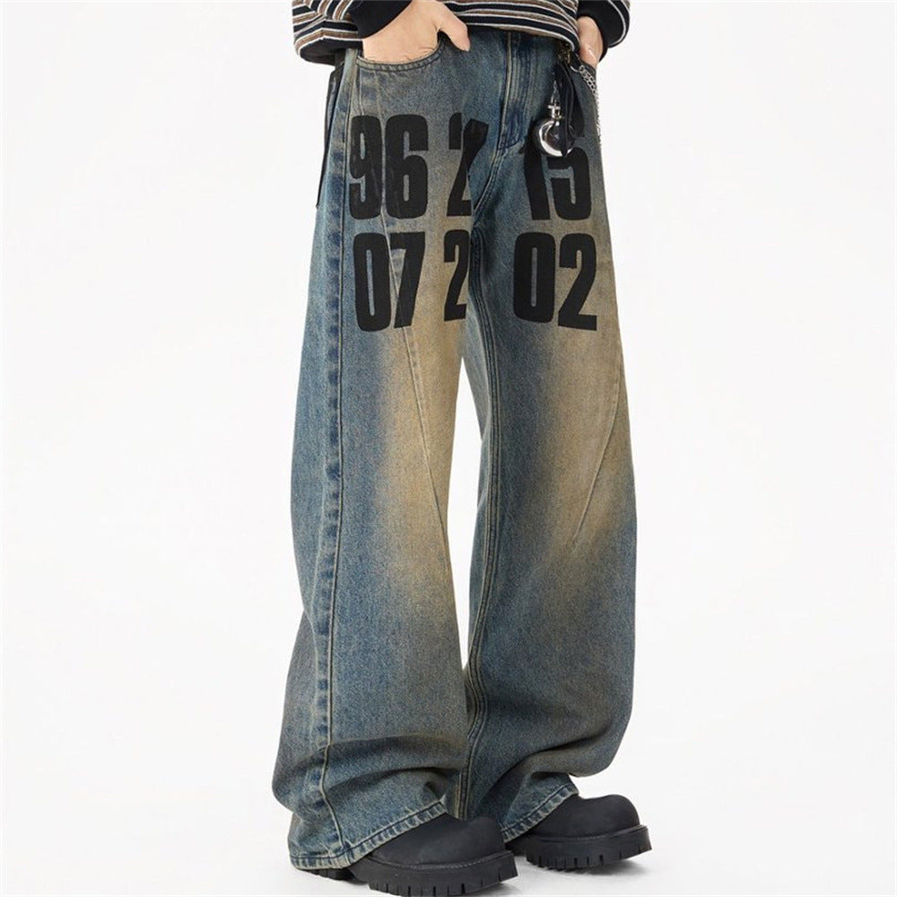 Men's Loose Fit Jeans Vintage Number Print Straight-Leg Baggy Denim Pants