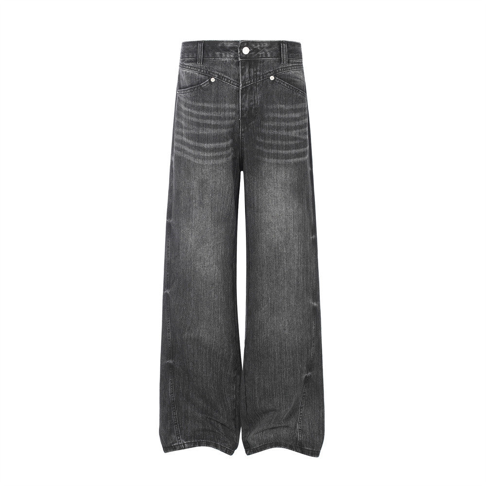 Weite Vintage-Used-Jeans für Herren aus verwaschenem grauem Denim, lässiger gerader Schnitt mit Whisker-Fading und schrägen Front