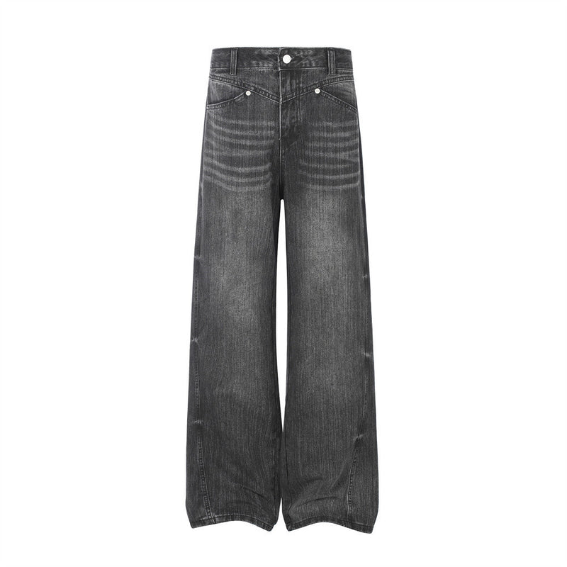 Weite Vintage-Used-Jeans für Herren aus verwaschenem grauem Denim, lässiger gerader Schnitt mit Whisker-Fading und schrägen Front