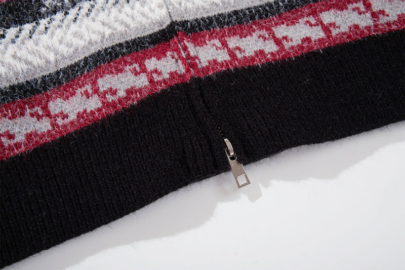 Paisley Fair Isle Knit Zip-Up Hoodie with Faux Fur Trim