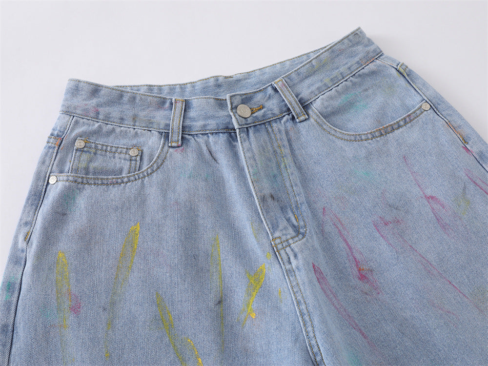 Hand-Painted Graffiti Denim Shorts – Wide-Leg Washed Jean Shorts