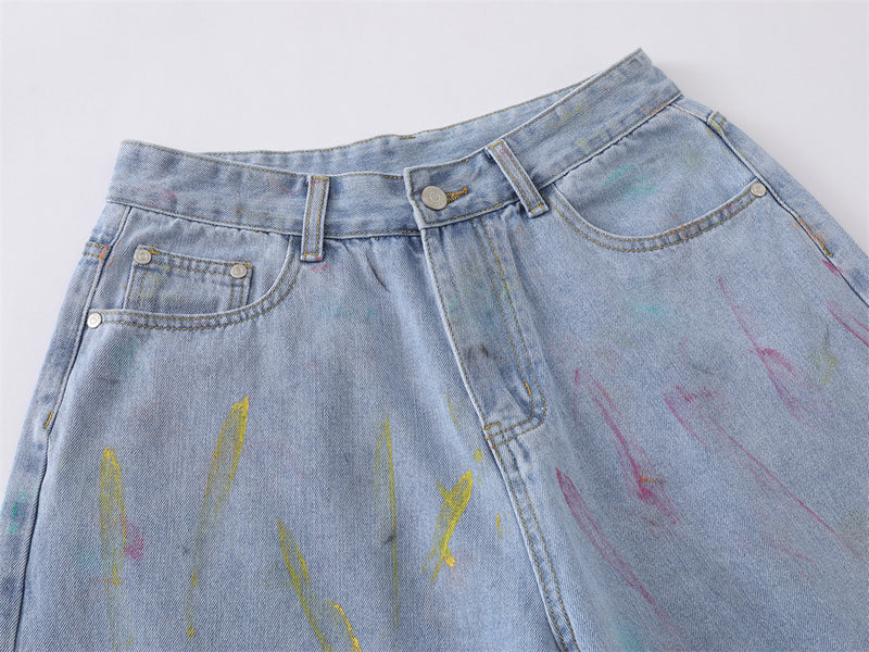 Hand-Painted Graffiti Denim Shorts – Wide-Leg Washed Jean Shorts