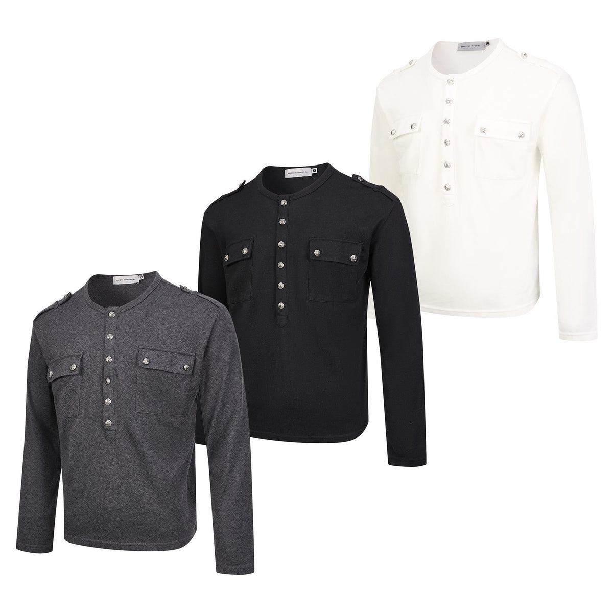 Men's Military-Style Henley Long Sleeve Shirt with Chest Pockets & Epaulettes
