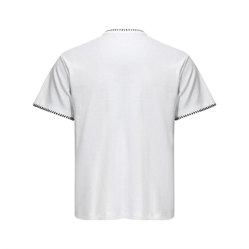 Men's Henley V-Neck Short Sleeve T-Shirt with Contrast Stitch Detail