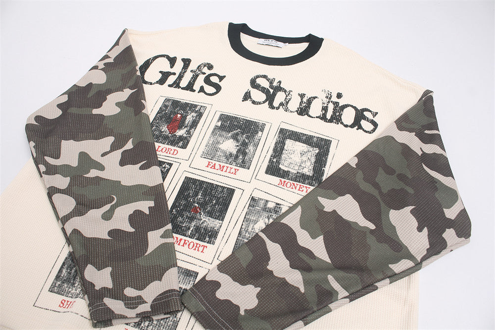 Long Sleeve Graphic Shirt – Waffle Knit Body with Camo Sleeves & Glfs Studios