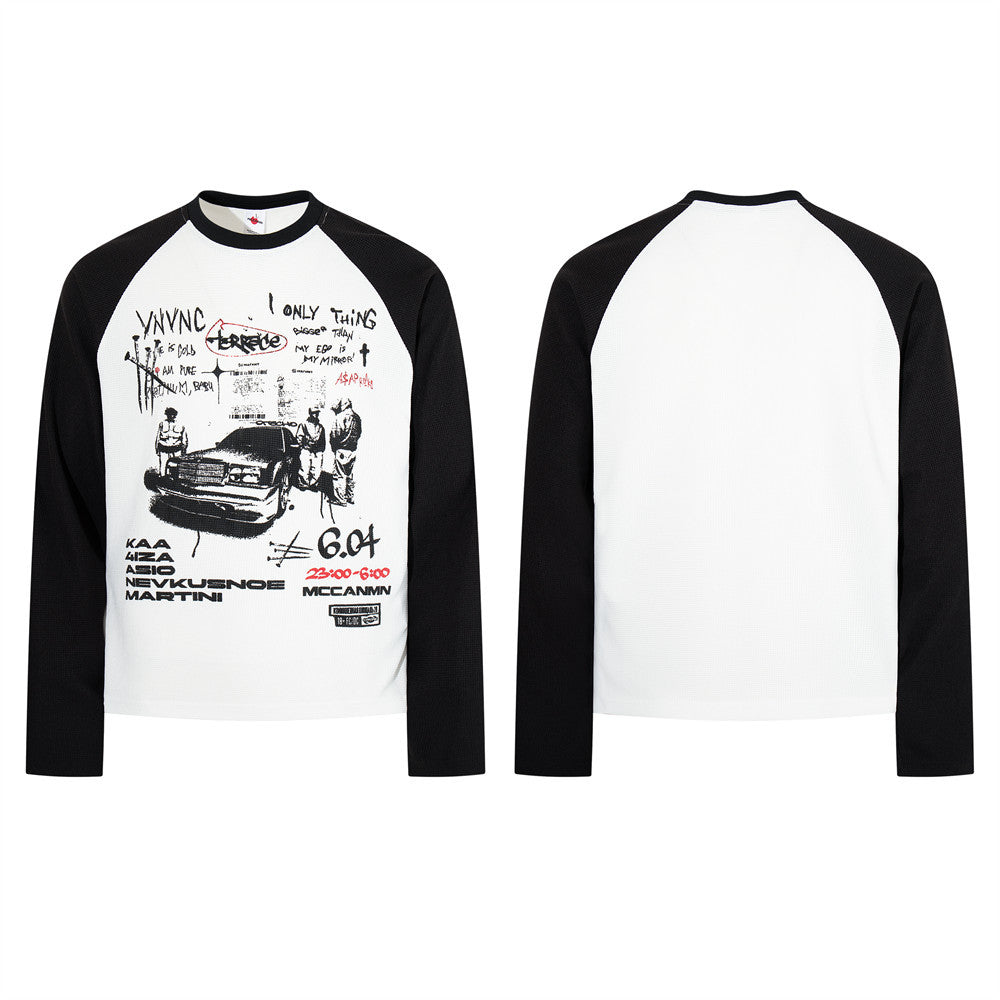 Men's Graphic Long-Sleeve Raglan T-Shirt – White & Black Waffle-Knit Colorblock