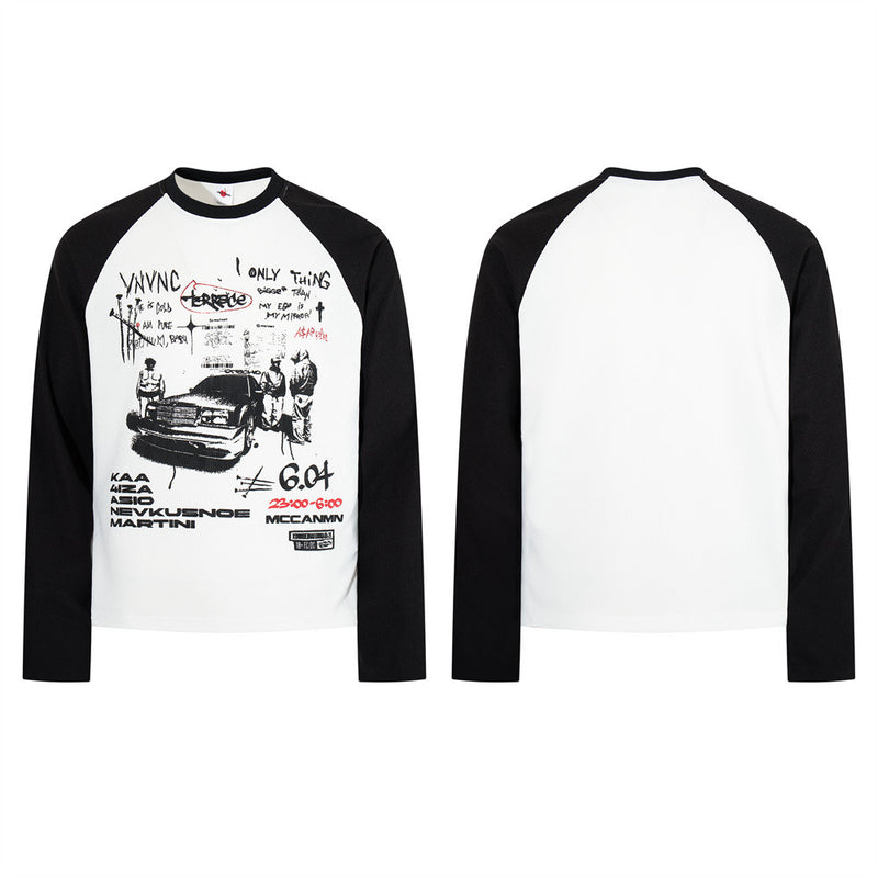 Men's Graphic Long-Sleeve Raglan T-Shirt – White & Black Waffle-Knit Colorblock