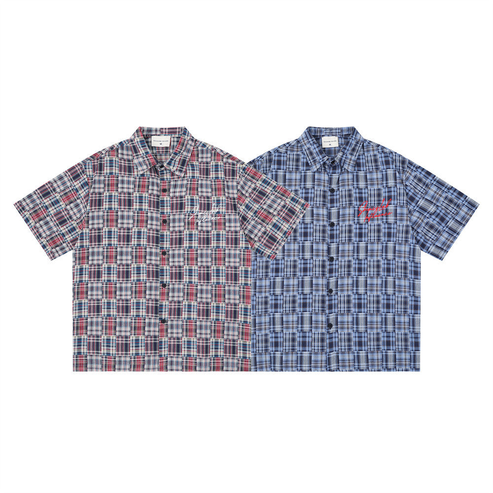 Short Sleeve Shirt Men Patchwork Madras Plaid Oversized Button-Up