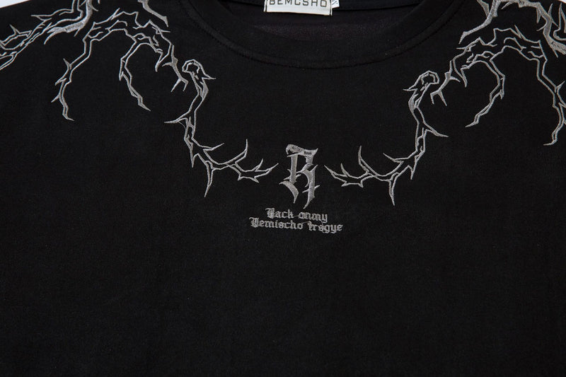Oversized Gothic-T-Shirt mit Dornenstickerei – Kurzarmshirt im American-Streetwear-Stil