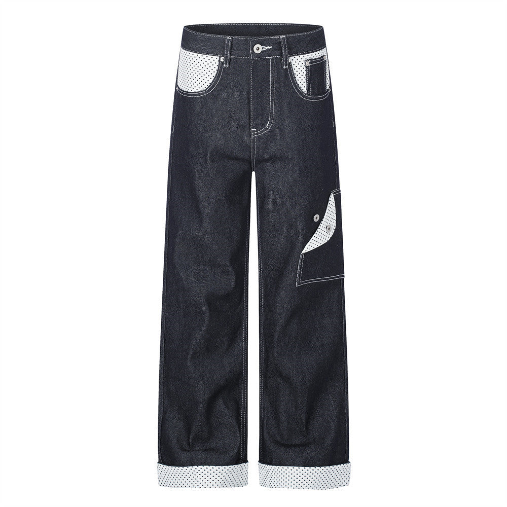 Jean homme droit – Denim foncé à jambes larges avec patchwork à pois