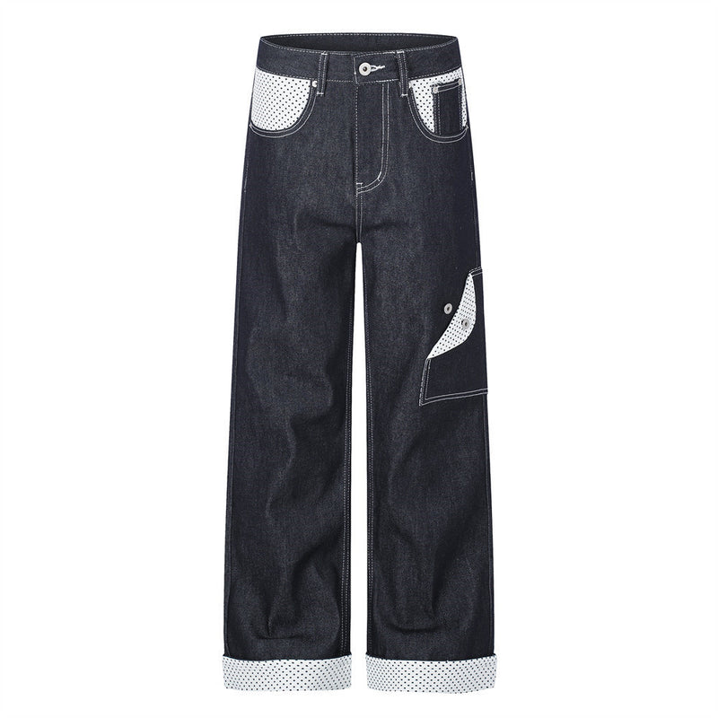 Jean homme droit – Denim foncé à jambes larges avec patchwork à pois