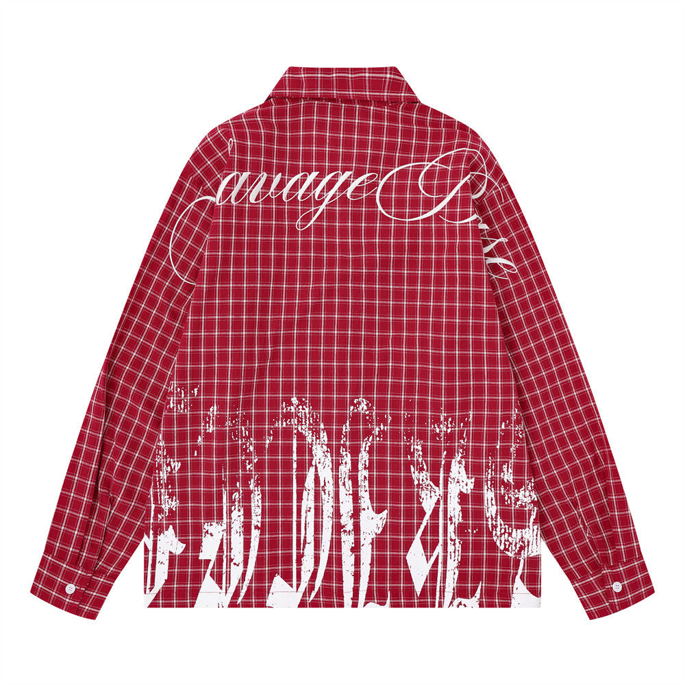Plaid Long Sleeve Shirt – Graffiti Print & Old English Embroidery, Oversized Fit