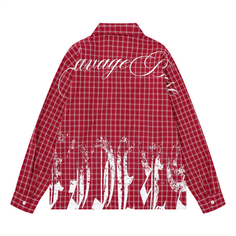 Plaid Long Sleeve Shirt – Graffiti Print & Old English Embroidery, Oversized Fit
