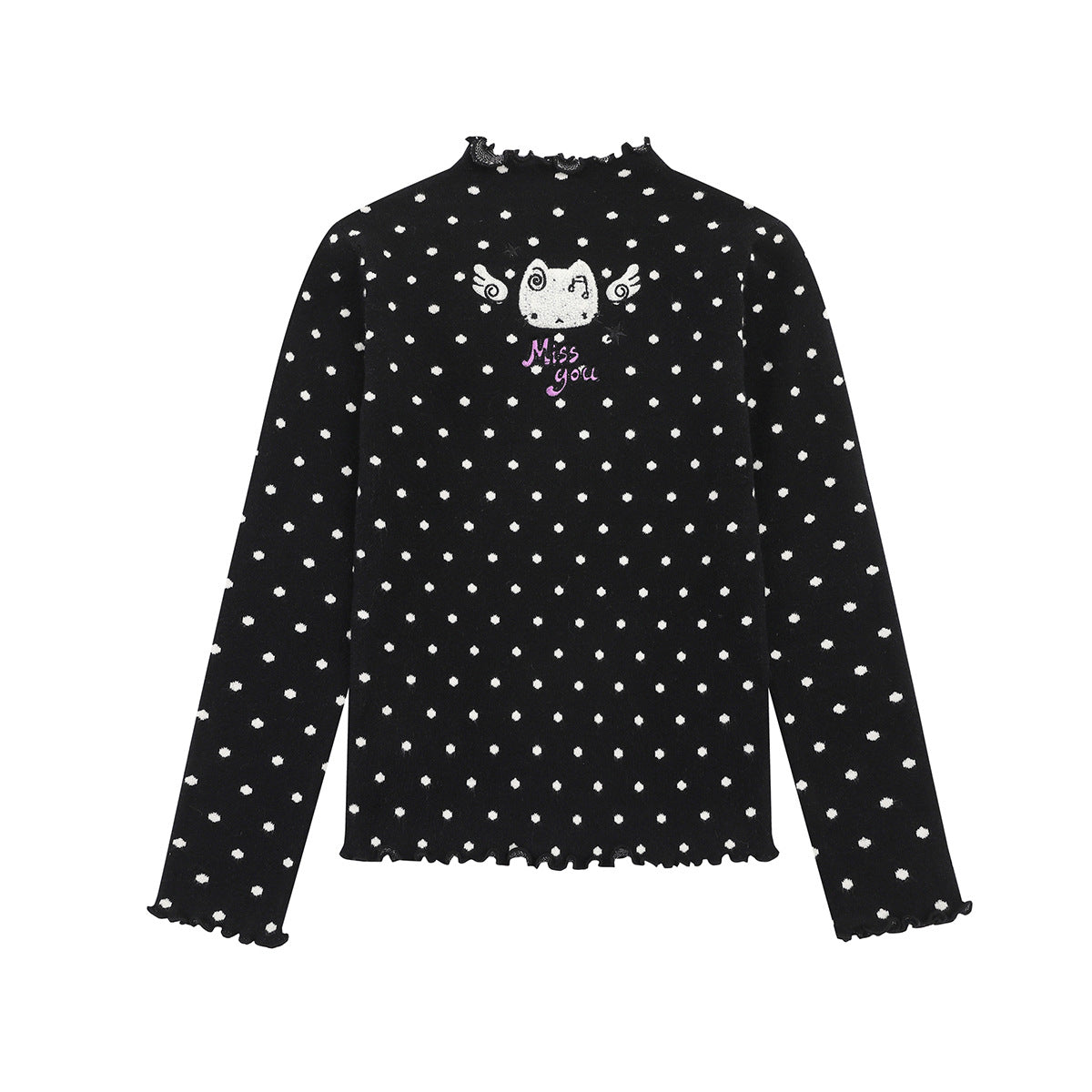 Polka Dot Mock Neck Knit Sweater Top with Cat Embroidery & Lettuce Hem