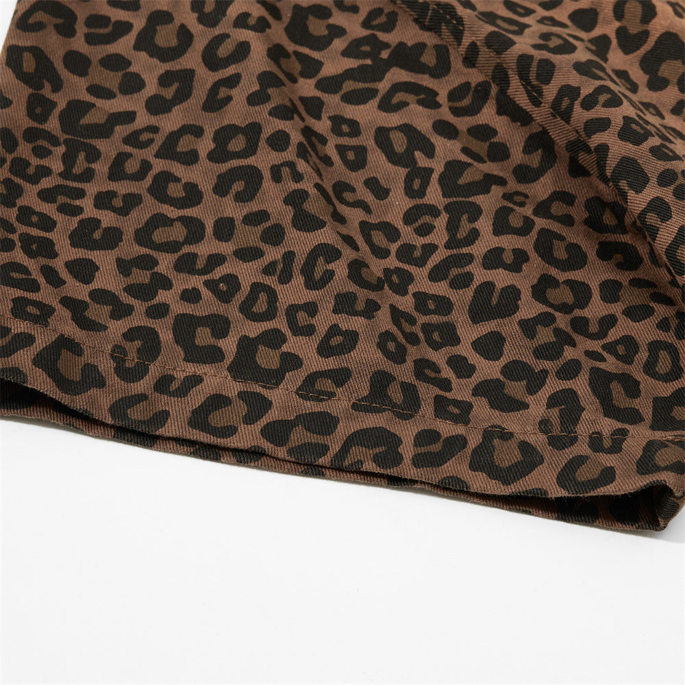 Leopard Print Short Sleeve Shirt with Heart Flocking Patch – Oversized Hip Hop B