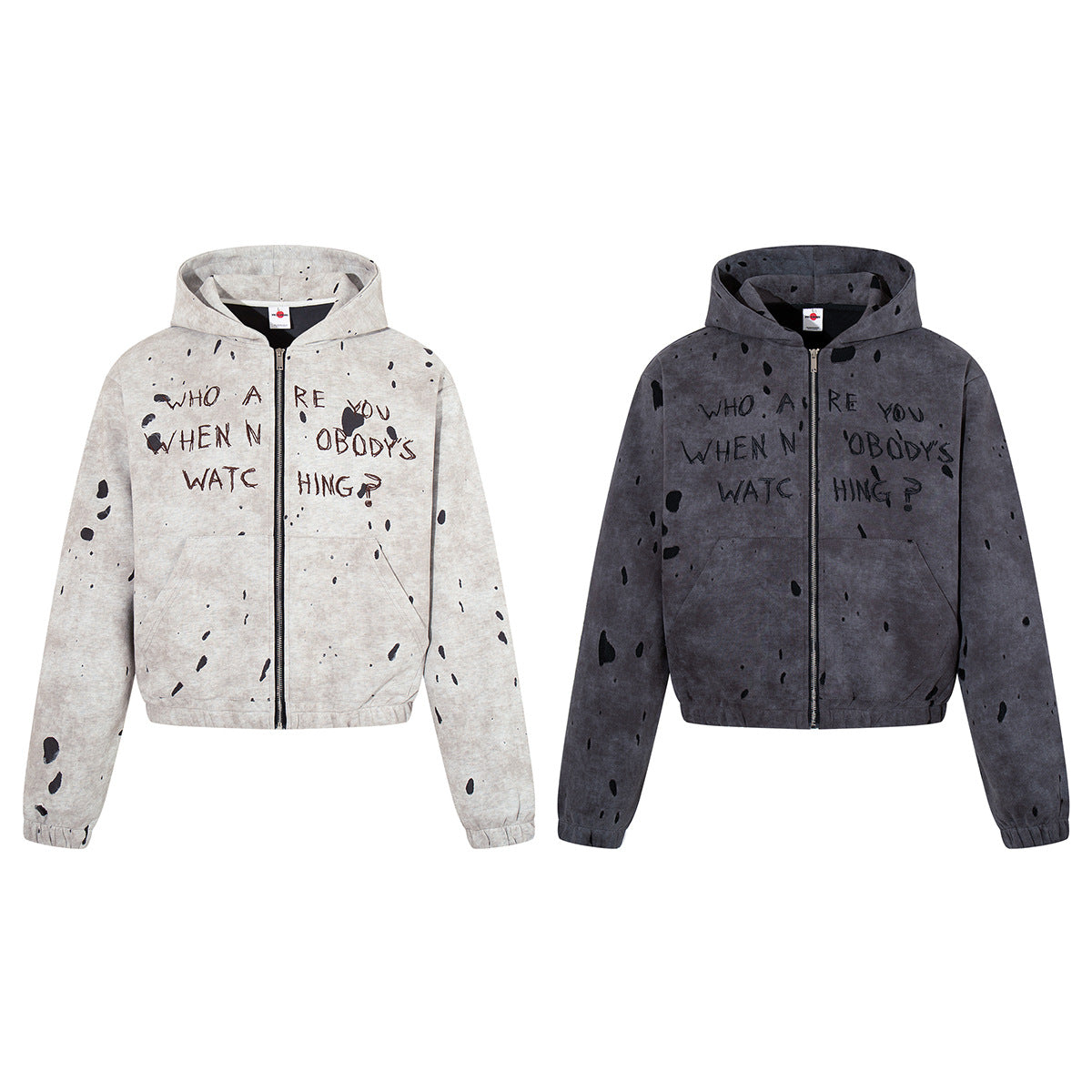 Gray Zip Up Hoodie – Washed Distressed Graffiti Graphic Zip-Front Streetwear