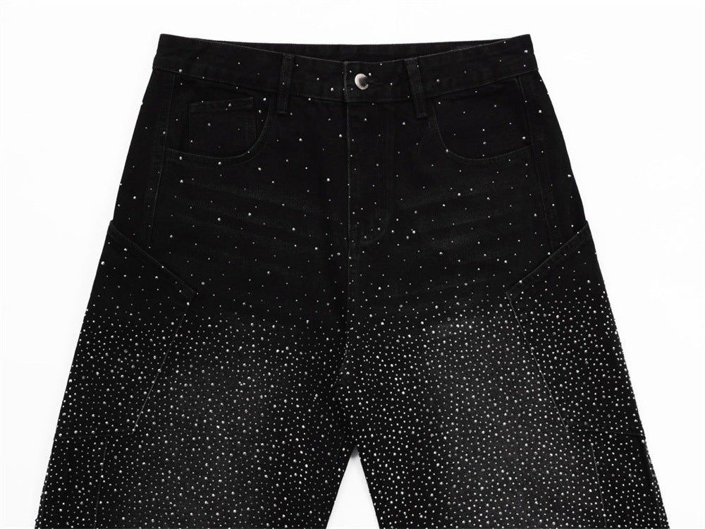 Rhinestone Wide-Leg Jeans – Men's Distressed Denim with Large Cargo Pockets &