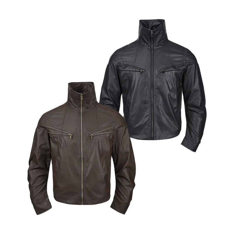 Veste moto en simili cuir – Col montant, poches zippées déconstruites, style biker rétro