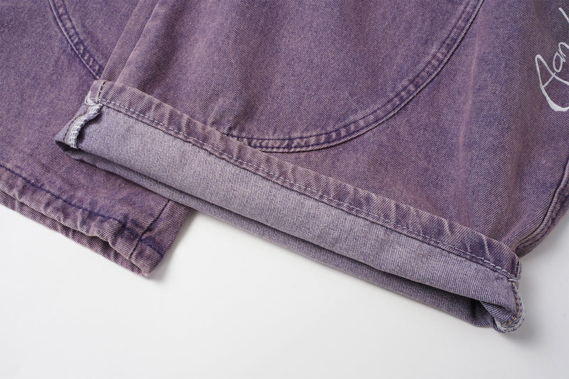 Jean taille haute à jambe large – Pantalon barrel en denim violet délavé à l’acide, imprimé graffiti