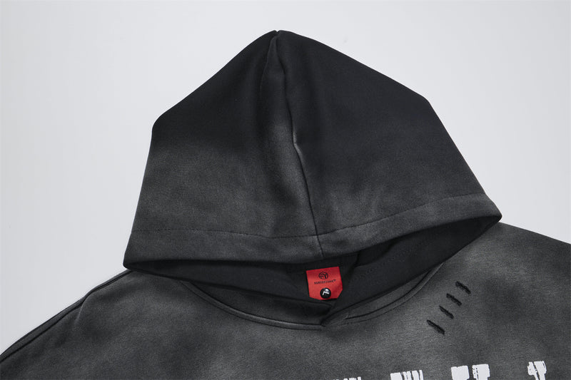 Letter Grid Oversized Hoodie – Acid-Washed Distressed Streetwear Pullover