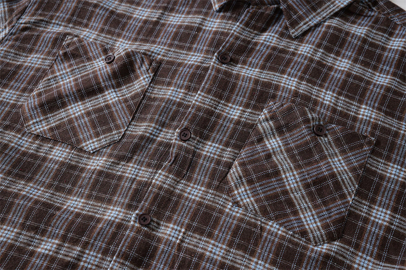 Plaid Long Sleeve Button-Up Shirt with Gothic Letter Embroidery