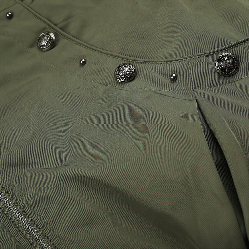 Men's Hooded Bomber Jacket with Detachable Fur-Trim Hood & Military Button