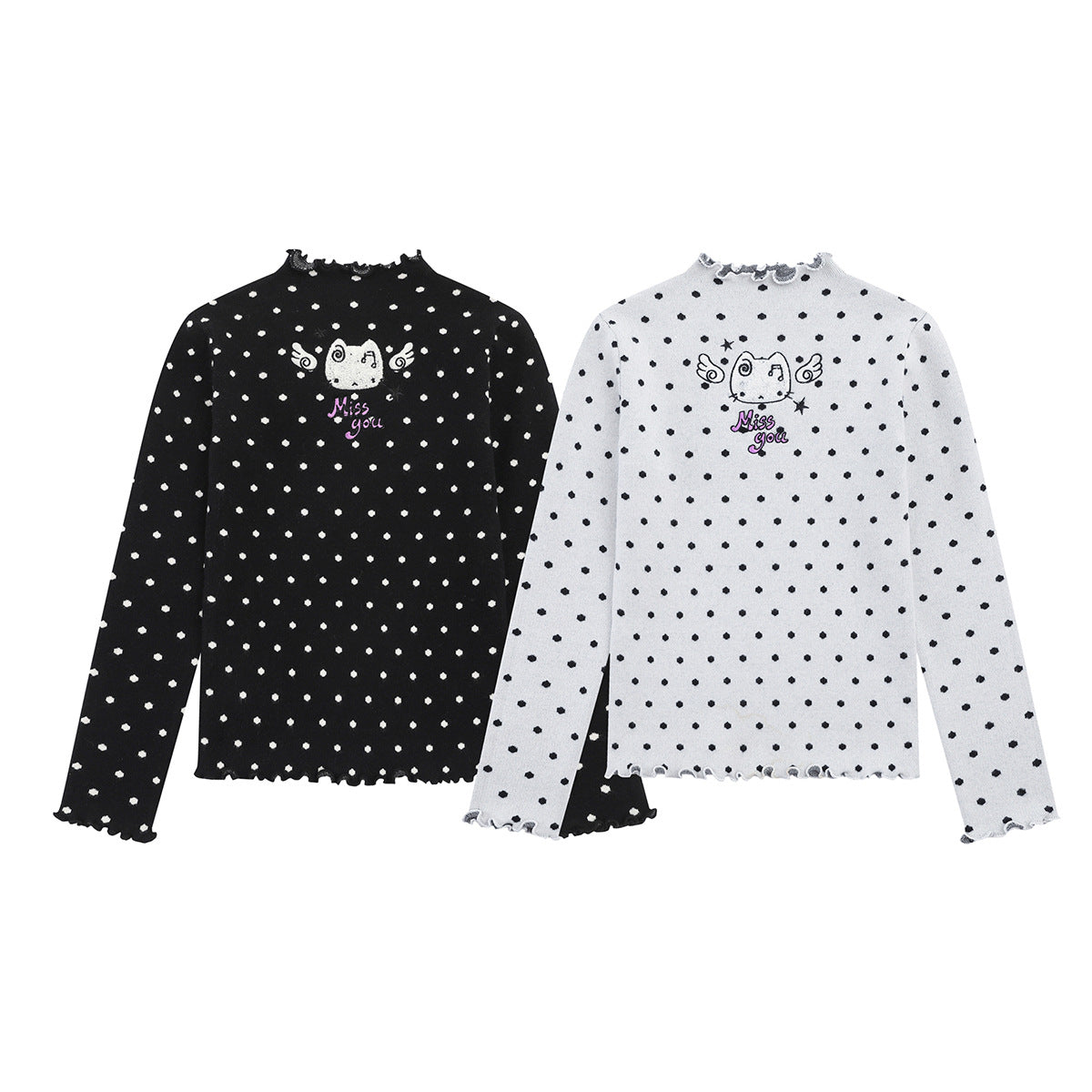 Polka Dot Mock Neck Knit Sweater Top with Cat Embroidery & Lettuce Hem