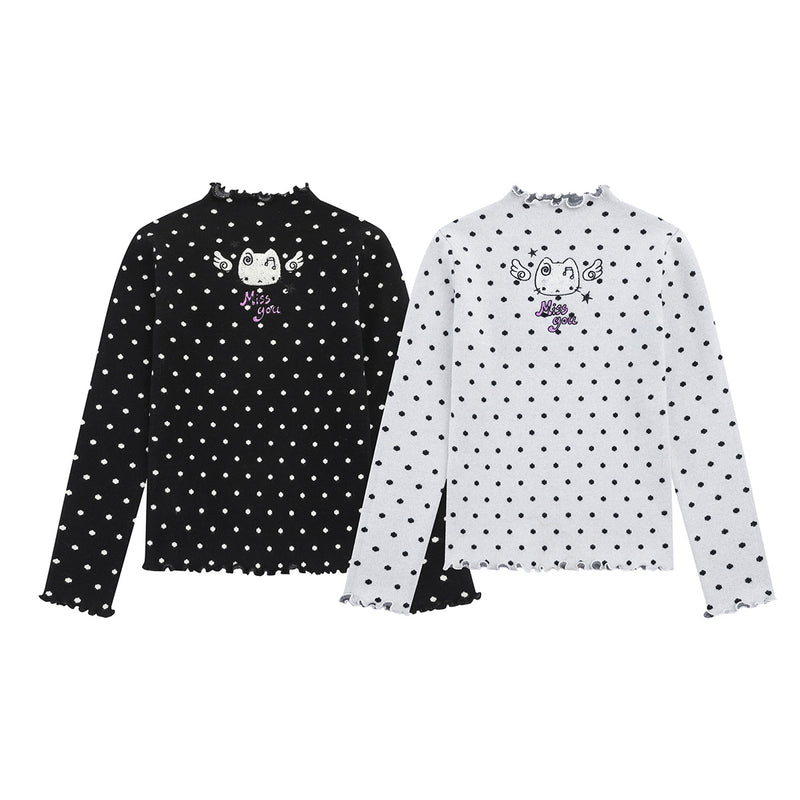 Polka Dot Mock Neck Knit Sweater Top with Cat Embroidery & Lettuce Hem