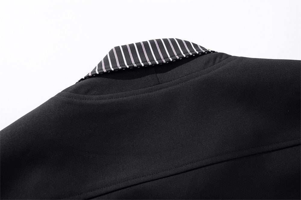 Men's Black Bomber Jacket with Striped Layered Collar