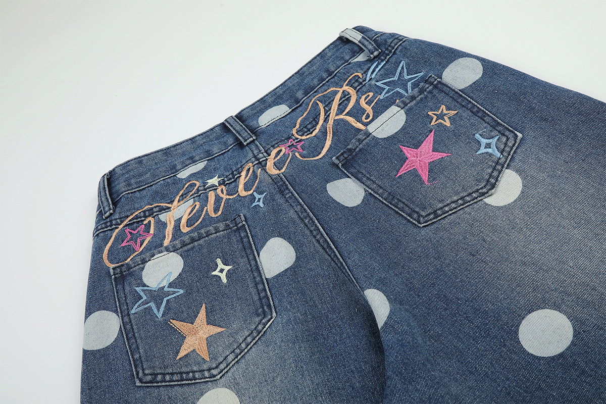 Baggy Mid Rise Jeans Wide-Leg Polka Dot Y2K Denim Pants