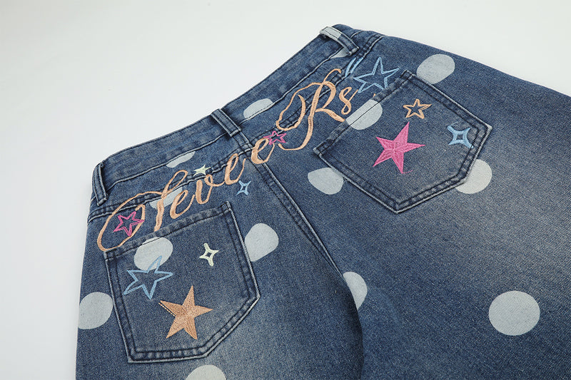 Baggy Mid Rise Jeans Wide-Leg Polka Dot Y2K Denim Pants