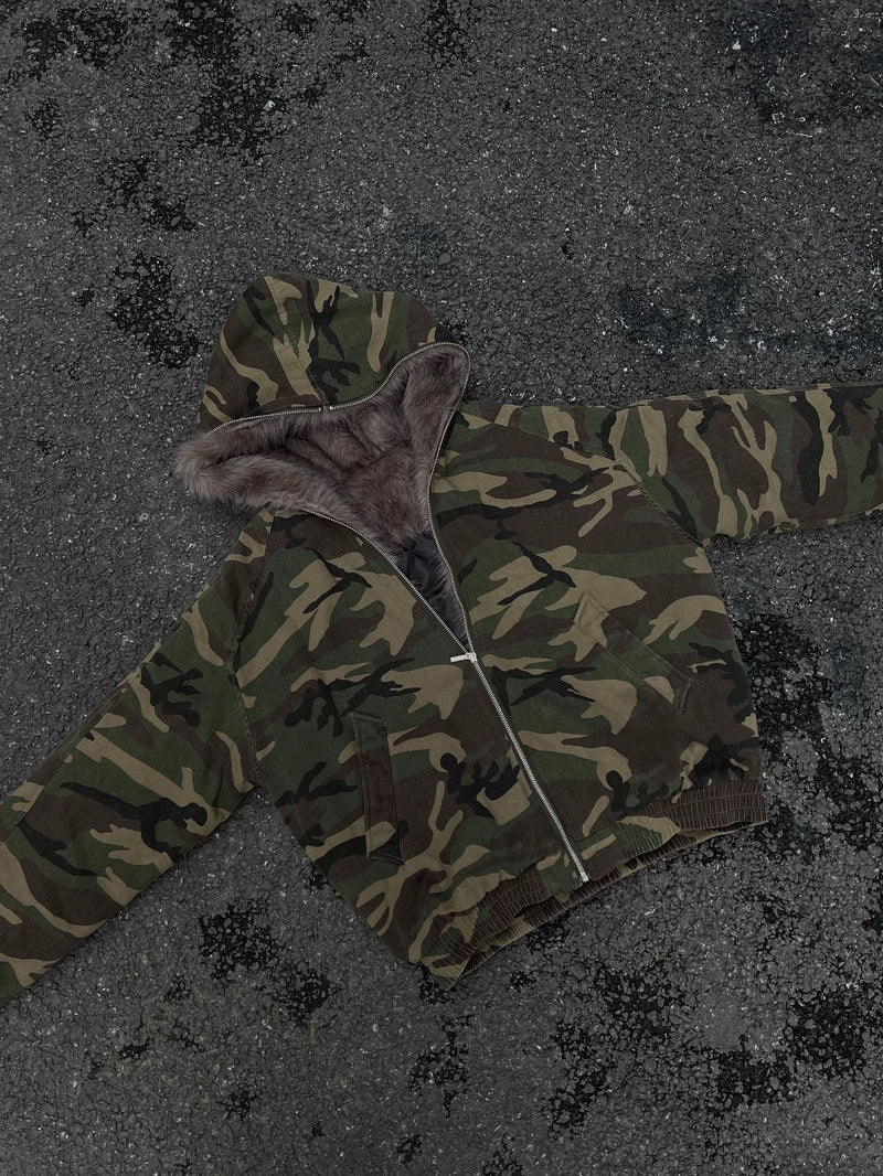 Blouson bomber homme camouflage doublé en fausse fourrure avec capuche