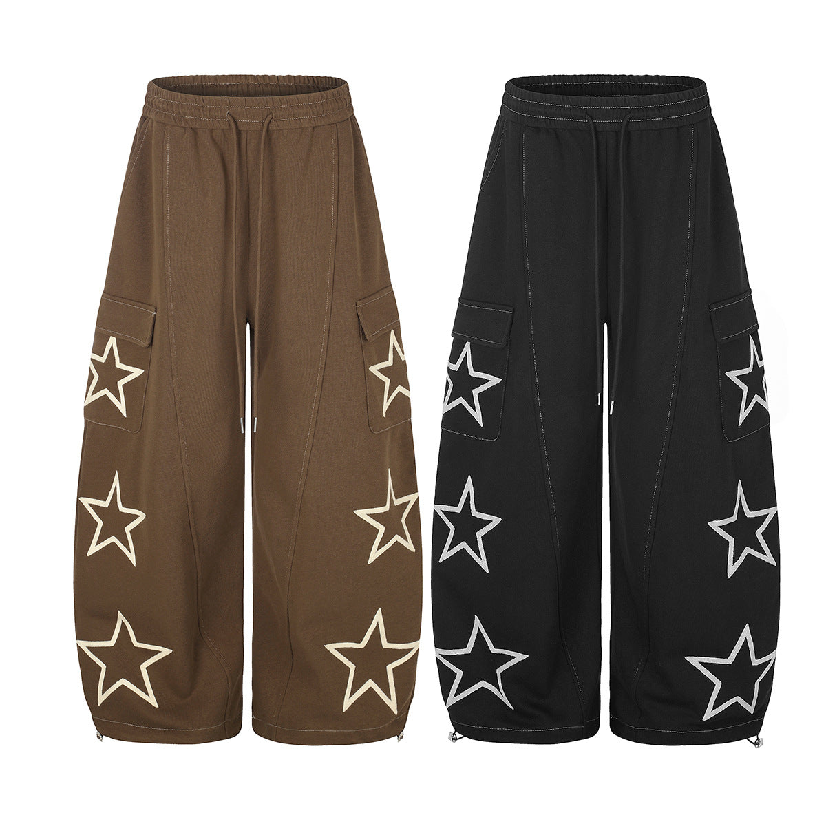 Pantalon cargo de survêtement baggy brodé d’étoiles – Pantalon à jambes larges et cordon