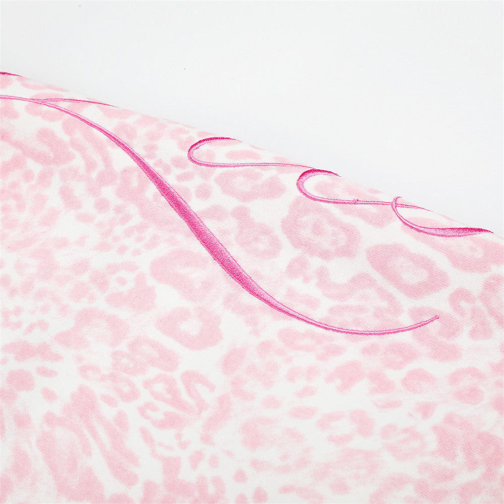 Pink Leopard Print Wide-Leg Sweatpants with Letter Embroidery