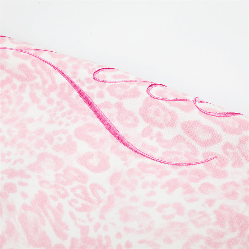 Pink Leopard Print Wide-Leg Sweatpants with Letter Embroidery