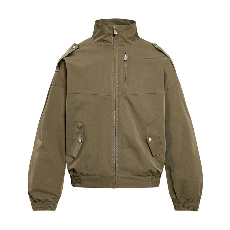Veste cargo pour homme oversize à col montant, manches froncées et pattes d’épaule à boutons-pression, kaki