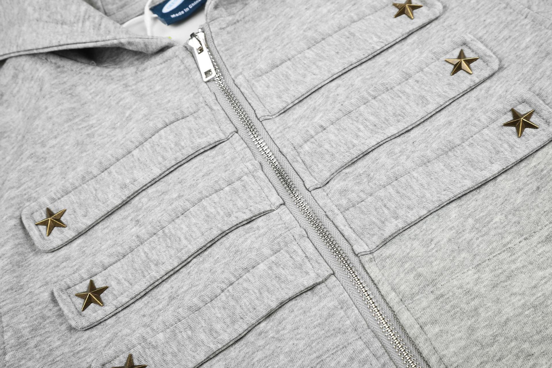Military-Style Zip-Up Hoodie Jacket with Star Studs & Camo Print