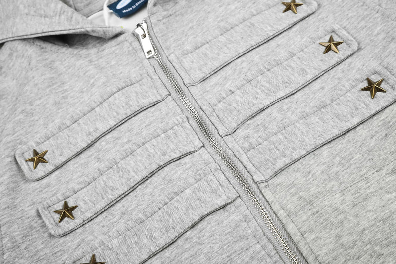 Military-Style Zip-Up Hoodie Jacket with Star Studs & Camo Print