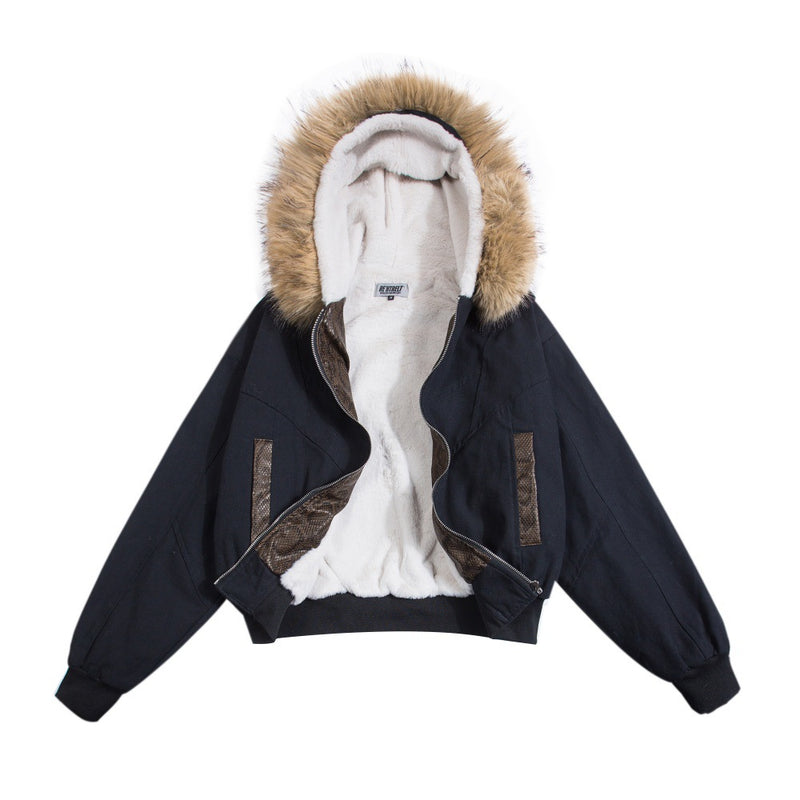 Fur-Trim Hooded Bomber Jacket – Fleece-Lined Winter Coat with Removable Hood