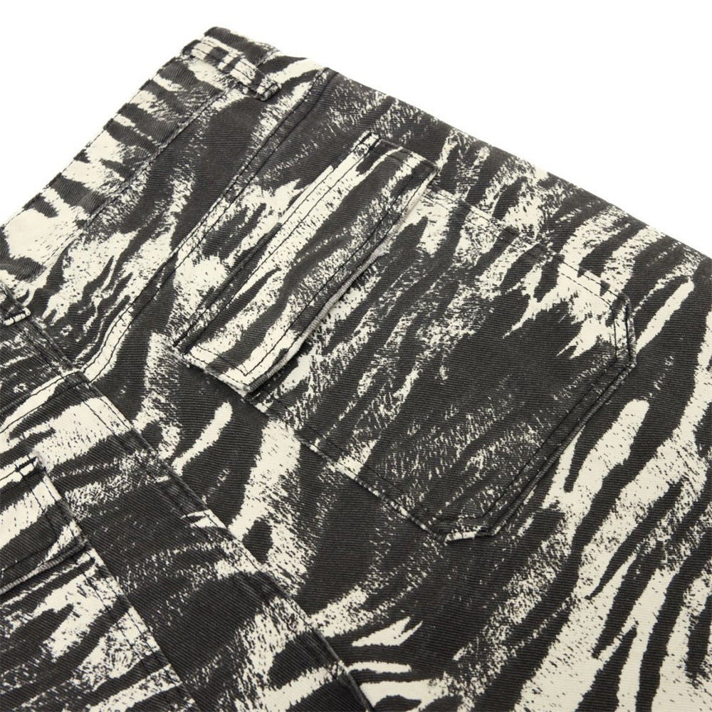 Zebra Print Wide-Leg Jeans – Men's Straight Fit Punk Street Style Denim Pants
