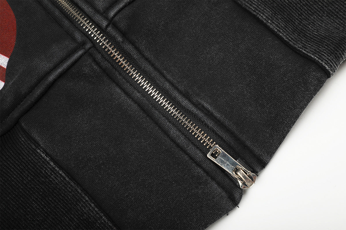 Hoodie zippé court à écussons graphiques vintage – Noir délavé
