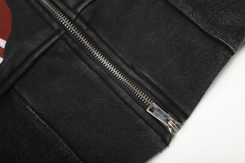 Hoodie zippé court à écussons graphiques vintage – Noir délavé