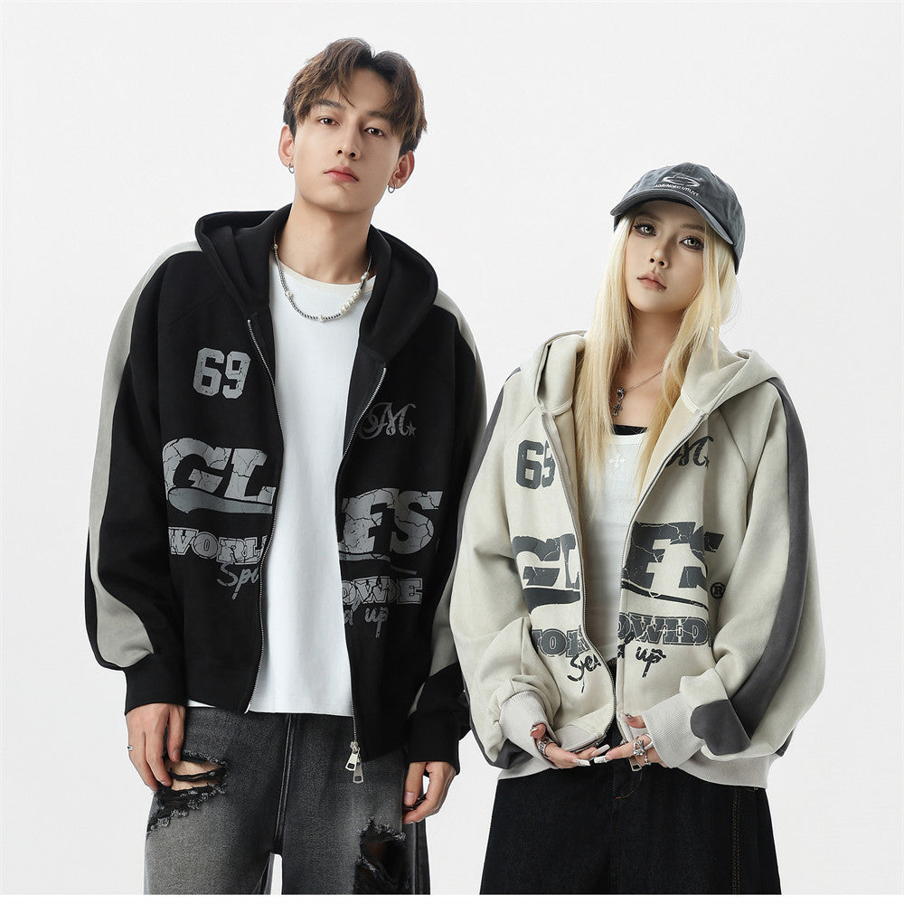 GLFS colorblock oversized zip up hoodie in black and cream with distressed letter print and dual zipper, worn by male and fem