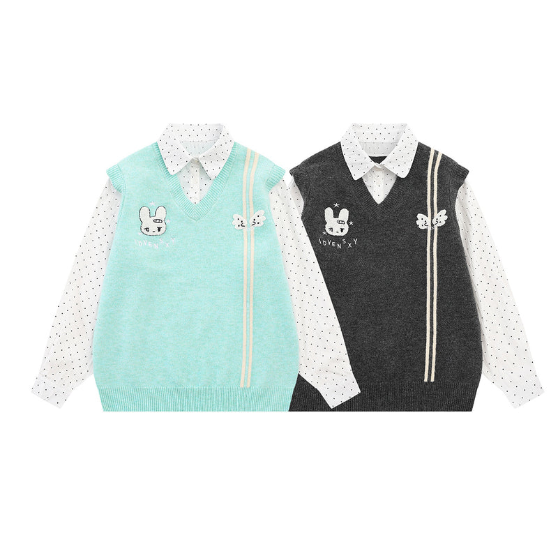 Sweater Faux Two-Piece Knit Vest with Polka Dot Shirt Collar & Bunny Embroidery
